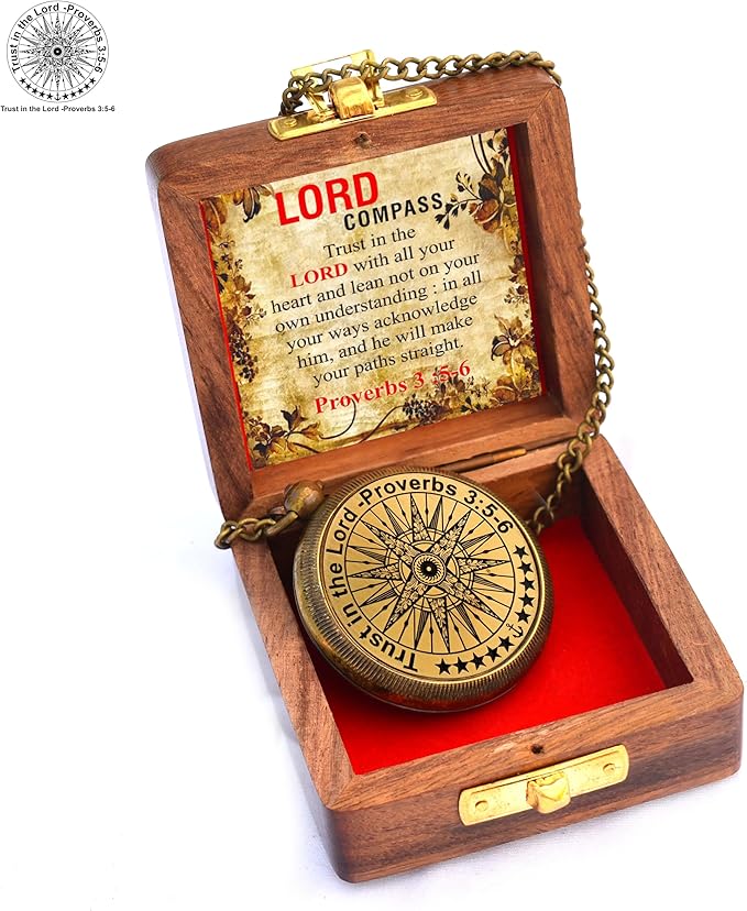 Trust in The Lord with All Your Heart -Proverbs 3: 5-6 Quote Engraved Compass with Wooden Box, Birthday, Baptism, Communion, Christmas, Graduation Day Gifts 2025 Compass for Women Mens Boy Girls