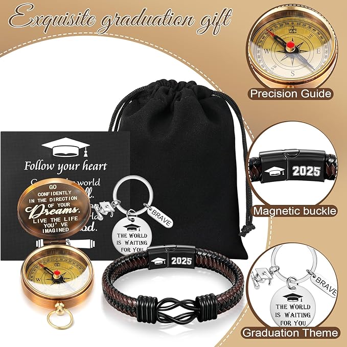 Quelay 5 Pcs Compass Graduation Gift Class of 2025 Engraved Compass Keychain Leather Stainless Steel Knot Bracelet Inspirational Card and Drawstring Bag High School College Graduation Gifts for Him