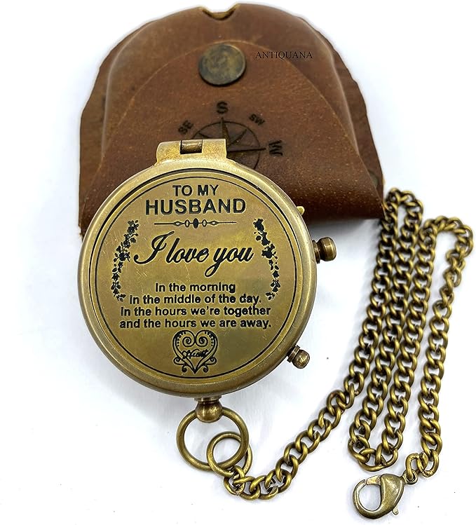 Brass Compass Unique Print To My Husband Compass With Leather Case Antique Brass Compass With Chain A Great Gift Item For Your Loved Ones Hikers And Traveler By