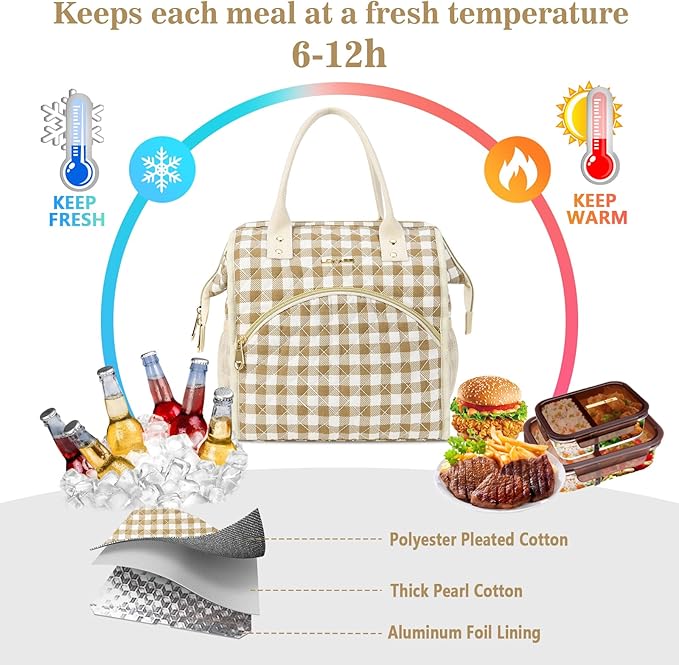 LOKASS Insulated Lunch Bag Women- Reusable 10 L Lunch Box for Women - Leakproof Tote Cooler Bag for Adults Work, Beach, Travel, Picnic (Brown&White Diamond Grid)