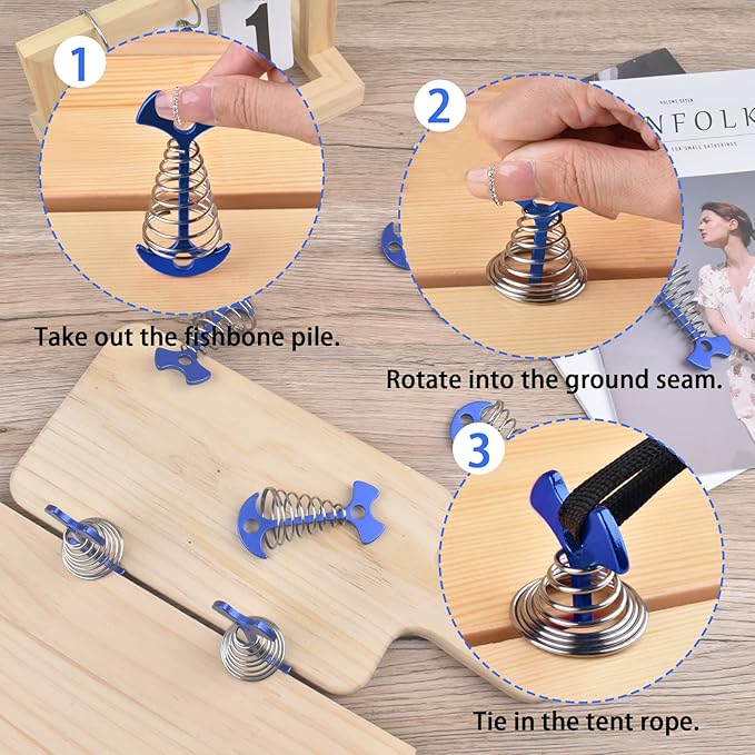 Tent Stakes, 8Pcs Fishbone Deck Anchor Pegs, Aluminium Alloy Fishbone Rope Tensioner Kit, Windproof Ultralight Plank Board Tent Stakes, Spring Anchor Guyline Cord Adjuster for Camping Hiking (Blue)