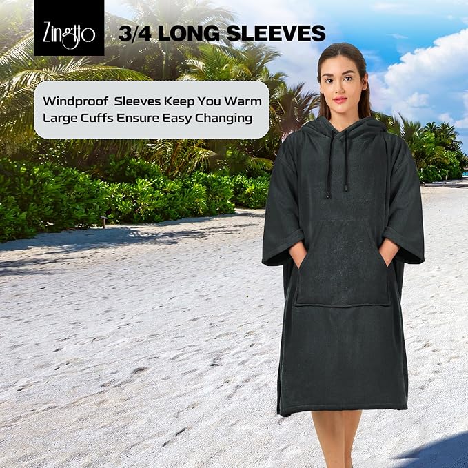 Surf Poncho Changing Robe, 3/4 Sleeve Extra Large Thick Hoodie Towel Poncho for Men Women Beach Swimming, 39"x33", Black