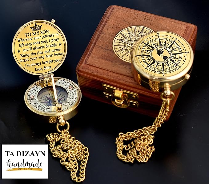to My Son Compass with Wooden Box-Mom to Son Compass–Father to Son Gifts- to My Grandson -Graduation Day Gifts for Son-Birthday, Baptism, Graduation, Confirmation, Communion Compass for Women Men