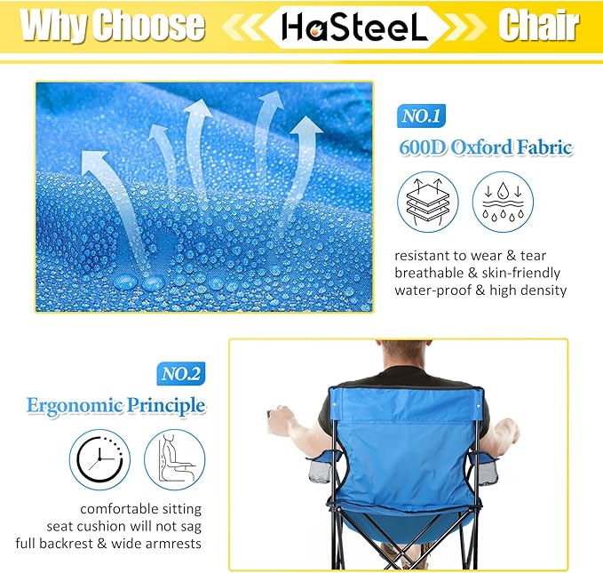 HaSteeL Folding Camping Chair & Carrying Bag, Foldable Camp Chair with Cup Holders for Adults, Portable for Lawn, Outdoors, Fishing, Hiking, Travel, Picnic, Beach, Oversized & Supports 275lbs (Blue)