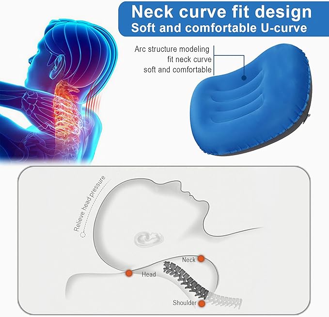 Portable Inflatable Neck Pillow for Outdoor Travel, Camping, Office Naps-Polyester ,Color Available-Simple and Comfortable (16.5 * 12.6 * 4.3in, Blue)