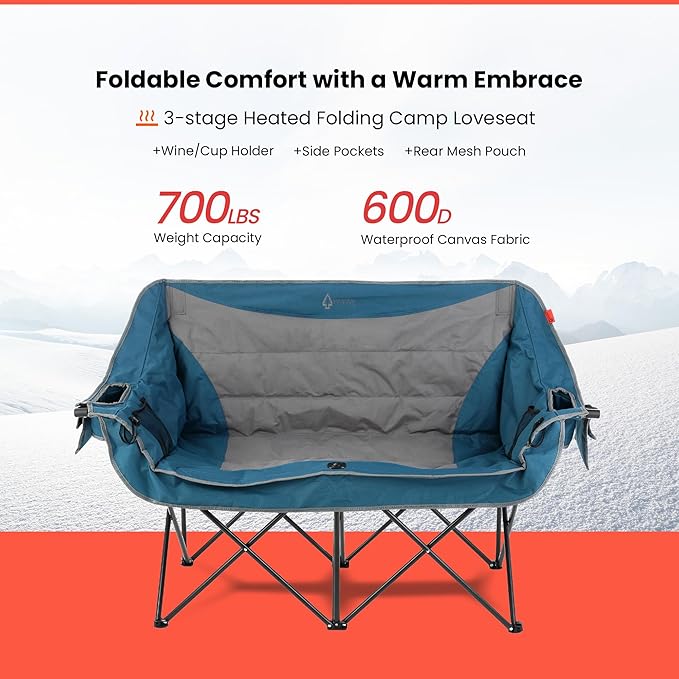 ARROWHEAD OUTDOOR 57" Wide Duo Foldable Heated Camping Loveseat Chair with 3-Stage Heating, Large Cup Holders, Glass Holders, Side Pockets, and Storage Pouches