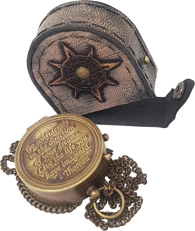 Brass Compass Engraved with Thoreau's Go Confidently Quote and Stamped Leather Case, Boys Gifts