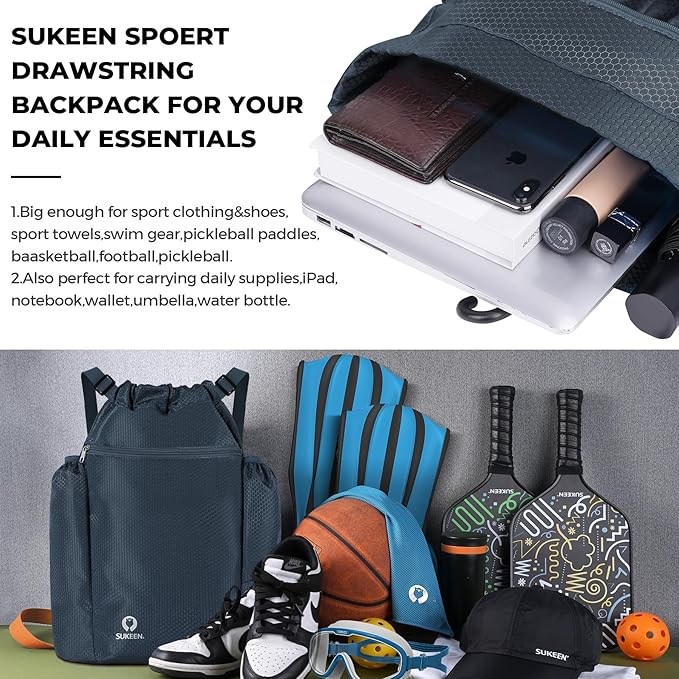 Sukeen Drawstring Backpack Swim Bag Lightweight String Backpack for Beach Pickleball Swimming Pool Gym Workout Gear Sport