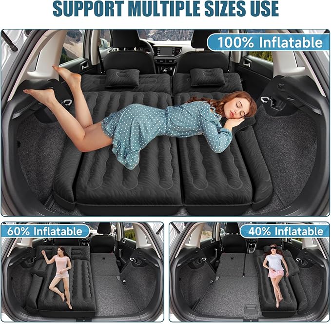 Inflatable SUV Air Mattress: Double-Sided Flocking Car Mattresses for Back SUV, Travel Camping SUV Sleeping Bed Mattress with Air Pump 2 Pillows