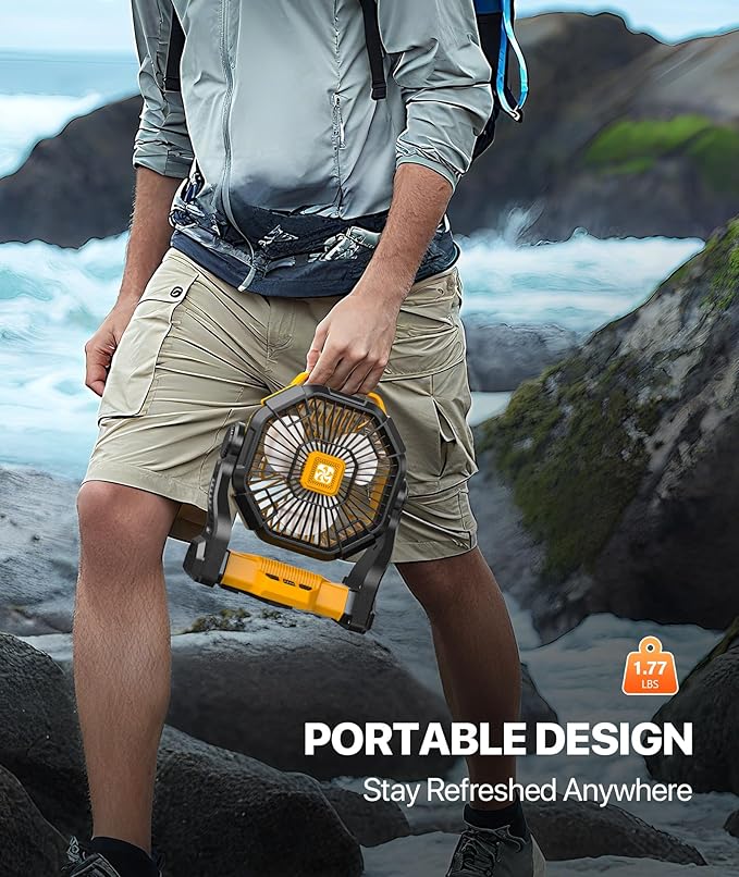 Camping Fan Rechargeable - Battery Powered Fans with Light, 20000mAh Portable Camping Fan for Tents, Hook, 270° Rotation Battery Operated Fans for BBQ Travel Desk Beach with Ventilador Recargable