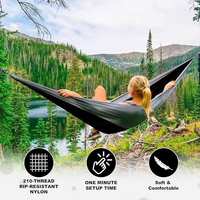 SZHLUX Camping Hammock Double & Single Portable Hammocks with 2 Tree Straps, Great for Hiking,Backpacking,Hunting,Outdoor,Beach,Camping,Black / Grey