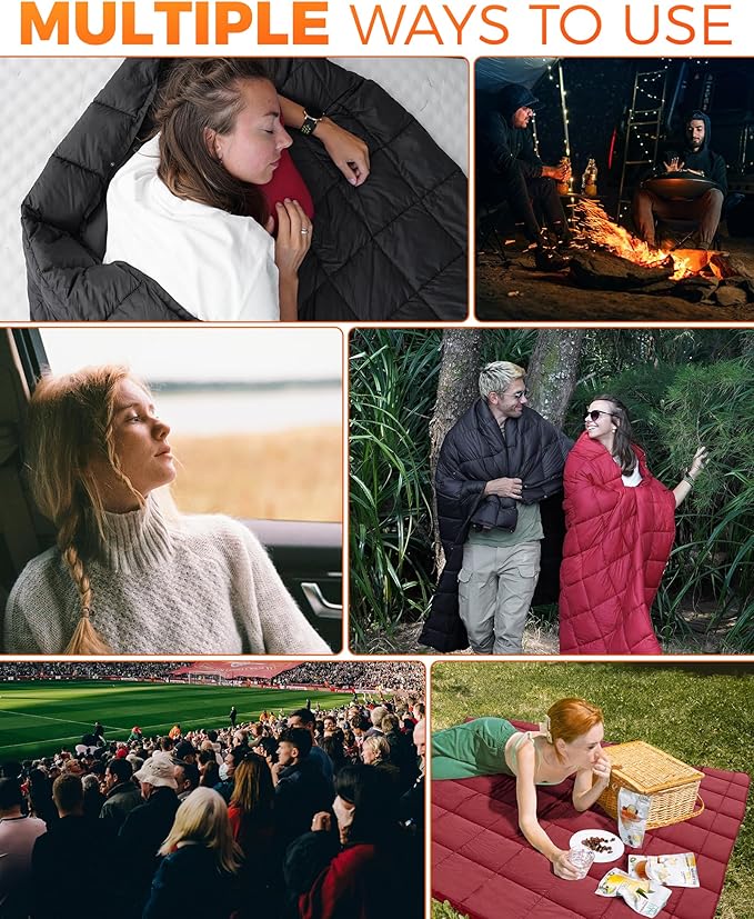 KingCamp Ultralight Camping Blanket, Packable Down Alternative Puffy Wearable Blankets Weatherproof Warm Package Quilt with Snap Buttons for Outdoor Hiking Travel Picnic Stadium (80"L x 60"W, CRIMSON)