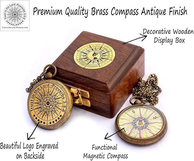 Trust in The Lord with All Your Heart -Proverbs 3: 5-6 Quote Engraved Compass with Wooden Box, Birthday, Baptism, Communion, Christmas, Graduation Day Gifts 2025 Compass for Women Mens Boy Girls