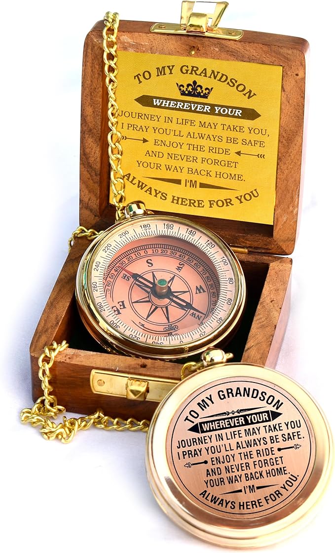 Gift for Grandson Brass Compass Engraved Quote | Memory Present to My Grandson Birthday, Baptism, Graduation, Confirmation, Love, Gift idea by Grandpa Grandma, 2025 Gift