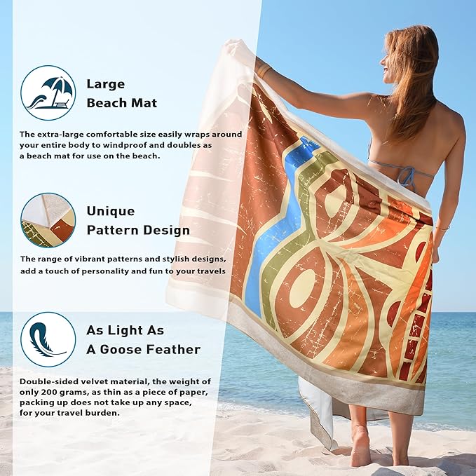 Solaris Microfiber Tiki Totem Beach Mat, 40”x71” Personalized Beach Mat for Adult Women, Sand-Resistant, Quick-Dry Lightweight Compact Pool Mat, Ideal Hawaii Tiki Travel Beach Gifts