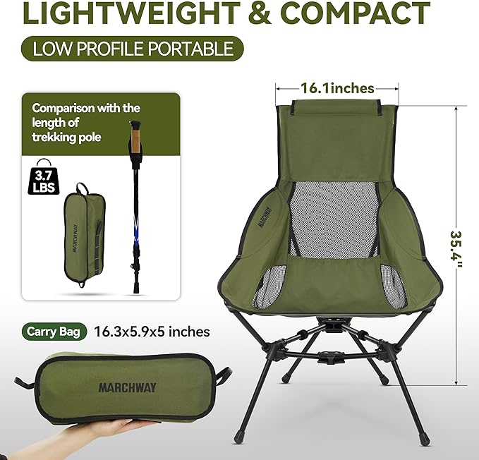 MARCHWAY Lightweight Folding High Back Camping Chair with Head Support, Stable Portable Compact for Outdoor Camp, Travel, Beach, Picnic, Festival, Hiking, Backpacking (Highback Green)