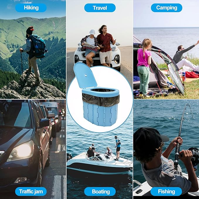 Upgrade Portable Foldable Toilet, Outdoor Toilet for Camping Hygiene & Sanitation, Emergency Potty for Truck Travel Hiking Fishing Long Trip, Floding Toilet with lid, storage bag, and 15 pc trash bags