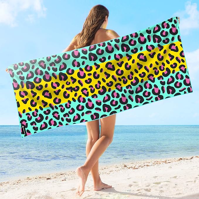 Microfiber Pool Towels Oversized 71"x31",Soft Touch Ultra-Absorbent Quick Dry Sand Free Large Beach Towels for Adults with Mesh Bag for Travel Camping Bathroom, Striped Leopard