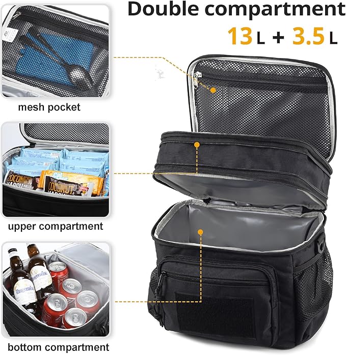 ATRIPACK Lunch Bag for Men, Double Deck Tactical Lunch Box Work with Shoulder Strap MOLLE Webbing Large Lunch Cooler Leakproof Insulated (Black)