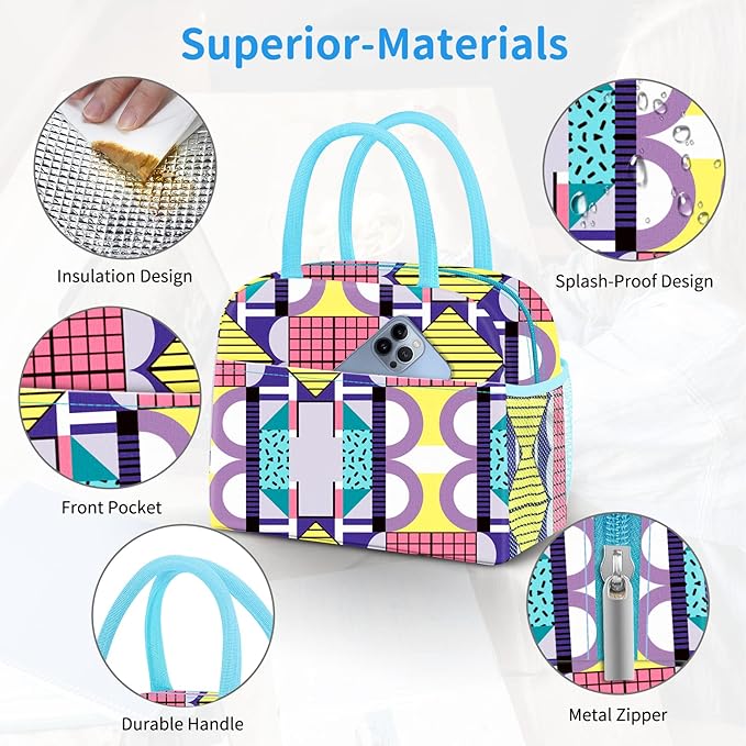 Lunch Bag Lunch Box for Women Men Reusable Insulated Lunch Tote Bag,Leakproof Thermal Cooler Sack Food Handbags Case High Capacity for Travel Work Picnic Beach,Geometric