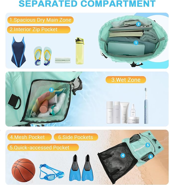 Drawstring Backpack, Waterproof Sandproof Beach Backpack for Sport Gear Small Gym Bag with Hidden Ball Net Pocket and Seperated Wet Pocket Draw String Back Bag for Women Men, Green