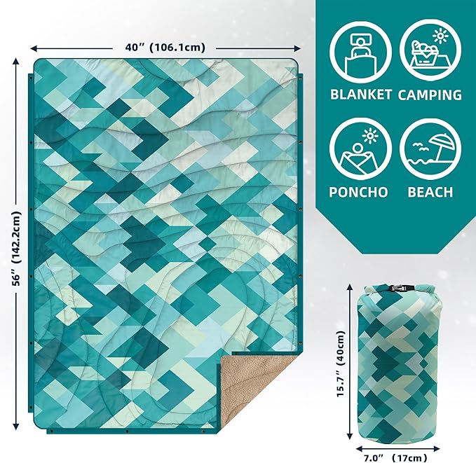 Outdoor Camping Blanket with Sherpa Lining, Extra Warm Thick Camp Blankets & Puffy Ultralight Soft Poncho DWR Camping Quilt for Cold Weather, Adventure,Sleeping,Backpacking 56"x 40"