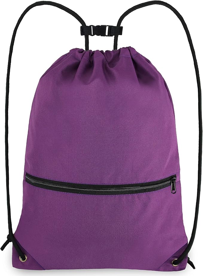 Drawstring Backpack Sports Gym Bag for Women Men Large Size With Two Zipper Pockets and Water Bottle Mesh Pockets