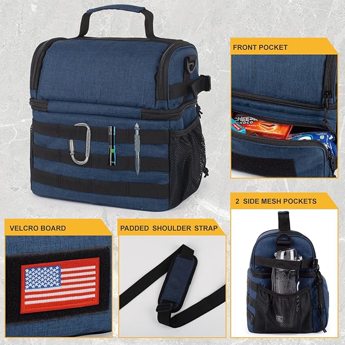 ATRIPACK 2 Compartment Lunch Bag for Men Adult, Tactical Lunch Box Leakproof Insulated Large Cooler Bag for Work with Adjustable Shoulder Strap Flag Double Layer Lunch Pail(Blue)
