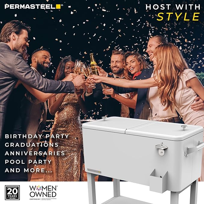 Permasteel 80-Qt Outdoor Patio Cooler with Removable Basin, Outside Beverage Cooler Cart, Rolling Cooler with Wheels and Handles, White