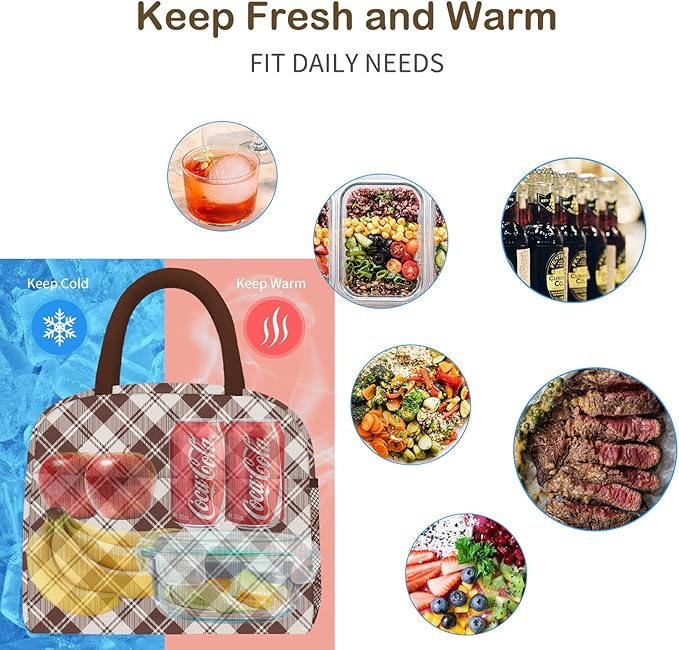 Lunch Bag Lunch Box for Women Men Reusable Insulated Cooler Lunch Tote Bags, Leakproof Cute LunchBag Large Capacity for Work Travel Picnic,Brown Grid
