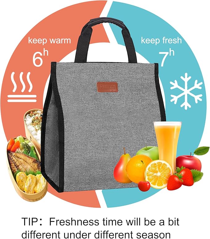 Lunch Bags for Women Insulated Reusable Lunch Tote with Internal Pocket, Lunch Tote bag for Work (Grey)