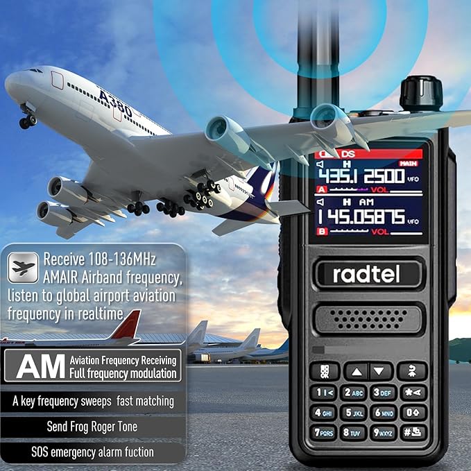 Radtel RT-470 10 Watt Long Range Multi-Band Ham Radio 144-148/420-450/1.25M 2800mAh USB-C Battery, 256CH AM Aircraft Band Handheld Walkie Talkie One Key Frequency Match NOAA FM Radio Receive