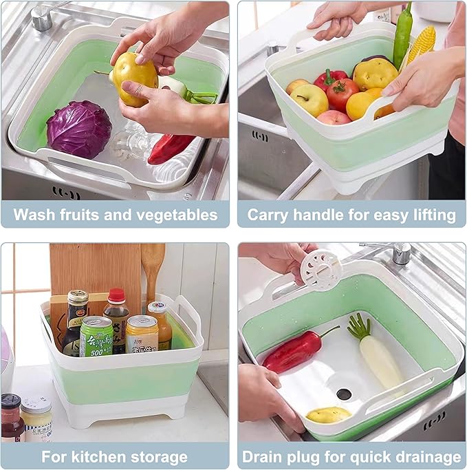 2.4 Gal(9L) Collapsible Dish Basin with Drain Plug, Space Saving Outdoor Multiuse Foldable Sink Tub, Dishpan, Kitchen Storage Tray for Camping, Vegetable Washing, RV (Green)