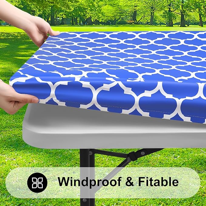 Smiry Rectangle Picnic Table Cover, Waterproof Elastic Fitted Camping Tablecloths for 4 Foot Tables, Wipeable Flannel Backed Vinyl Tablecloth Protector for Indoor, Outdoor (Blue, 24x48 Inches)