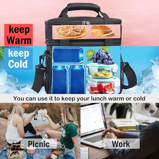 Lunch Box For Men/Women,Large Double-layer Insulated Expandable Reusable Leakproof Cooler Bags For Adults,Lunch Bag With Adjustable Shoulder Strap For Office Travel Picnic(Gray)