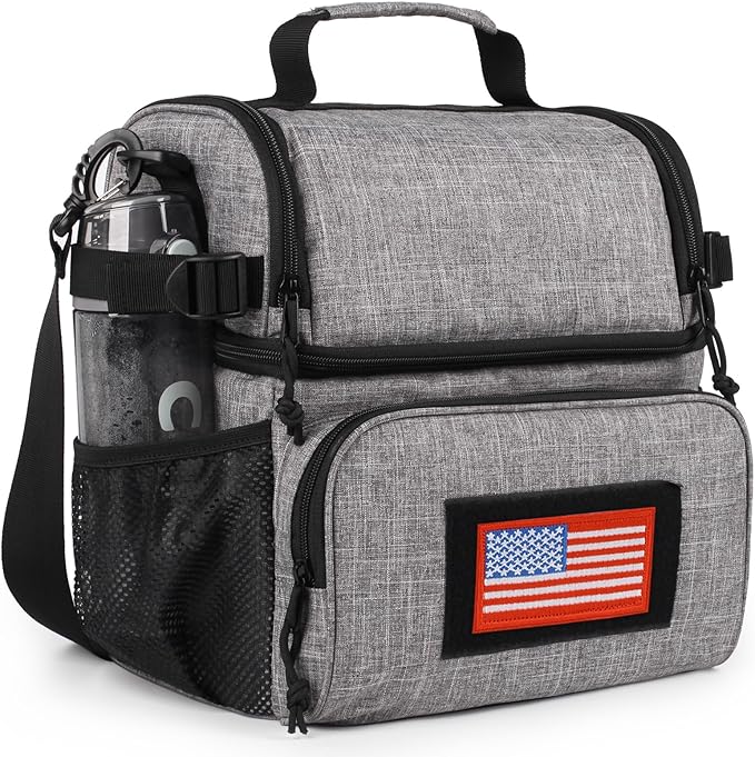 ATRIPACK 2 Compartment Lunch Bag for Men Adult, Tactical Lunch Box Leakproof Insulated Large Cooler Bag for Work with Adjustable Shoulder Strap Flag Double Layer Lunch Pail(Grey)