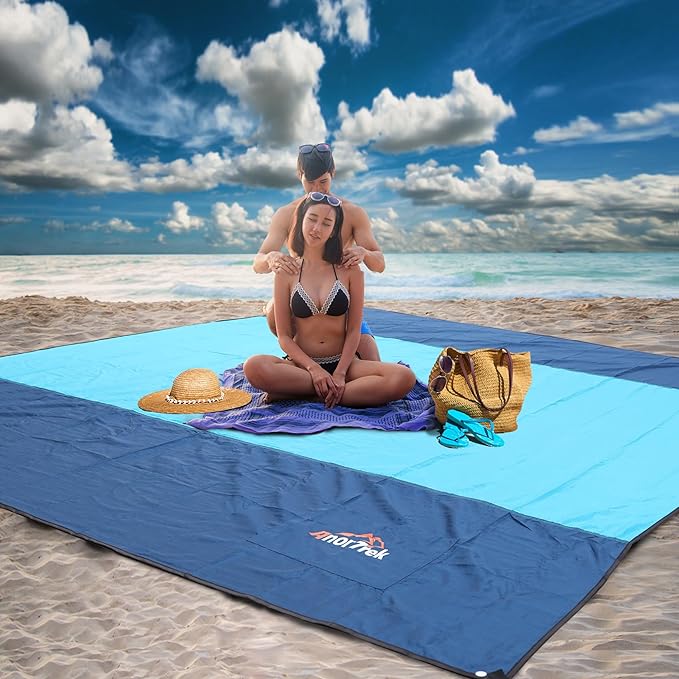 Beach Blanket Sandproof, Extra Large Beach Mat, Sand Free Mat Quick Drying, Lightweight, Soft & Durable Mat for Beach, Yard (Dark Blue & Blue, 10 x 10 FT (1~9 Person))