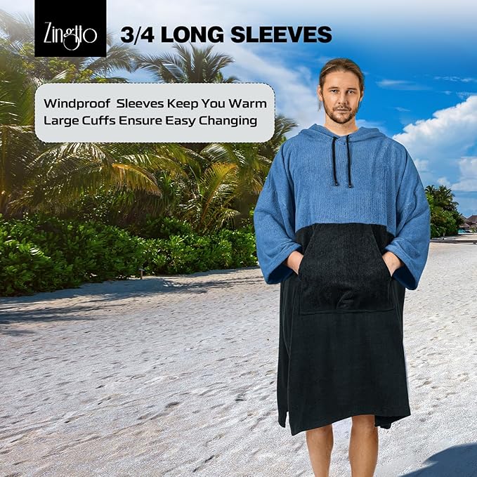 Surf Poncho Changing Robe, 3/4 Sleeve Extra Large Thick Hoodie Towel Poncho for Men Women Beach Swimming, 43" x 35", Black Blue