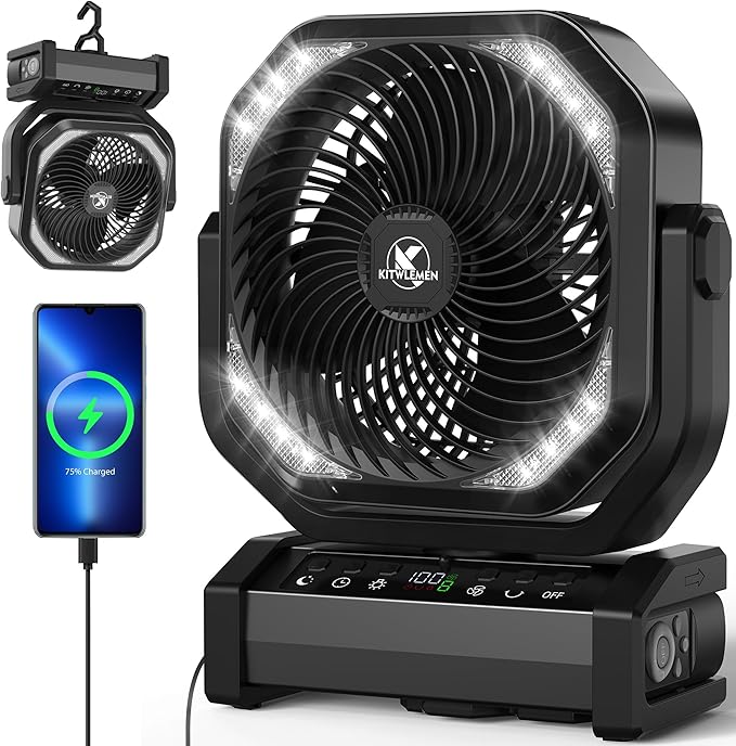 Camping Fan with Light - 20000mAh Rechargeable Battery Fan, 112Hrs Max Run Time, 9 Speeds, Digital Display, Timer, Auto Oscillation, 270° Pivot & Hook for Camping, Power Outage, Hurricane (Black)