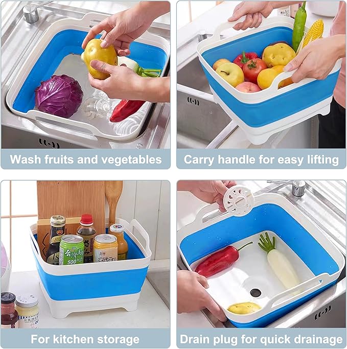 2.4 Gal(9L) Collapsible Dish Basin with Drain Plug, Space Saving Outdoor Multiuse Foldable Sink Tub, Dishpan, Kitchen Storage Tray for Camping, Vegetable Washing, RV (Sky Blue)