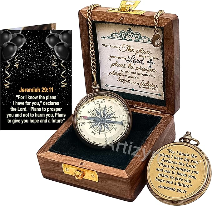 For I Know The Plans I Have For You Brass Magnetic Compass Engraved with Scripture Jeremiah 29:11, Directional Compass, Religious Gifts For Men, Easter Gifts For Teen Boys