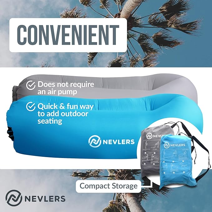 Nevlers 2 Pack Inflatable Loungers Air Sofa Couch | Perfect for Beach Chair Camping Chairs or Portable Hammock |Travel Bag Pouch, Pegs & 3 Pockets| Movie Seating & Camping Accessories Blow Up Lounger