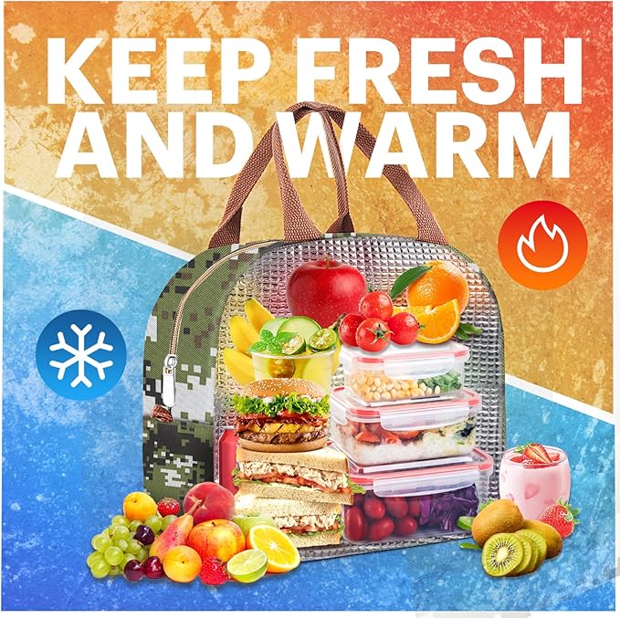 Lunch Bag for Women & Men Adult Insulated Lunch Box, Small Leakproof Cooler Food Lunch Containers Reusable High Capacity Lunch Tote Bags for Work, Travel, Outdoor (Green Digital)