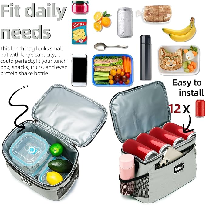 BEIMILY Lunch Bag for Women/Men,Reusable Lunch Box Small Cooler Bag Soft Sided,Leakproof Cooler Bag for Office Work Picnic Beach with Adjustable Shoulder Strap (light grey), 2311A