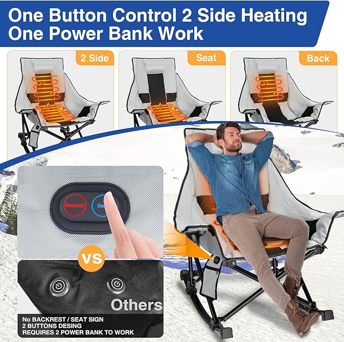 Slendor Heated Rocking Chair, Oversized Heated Camping Chair w/ 3 Levels Heat for Back+Seat, Heated Rocking Camping Chair with 20000 mAh Power Bank, Pillow, Side Pocket, Padded, Carry Bag, Gray