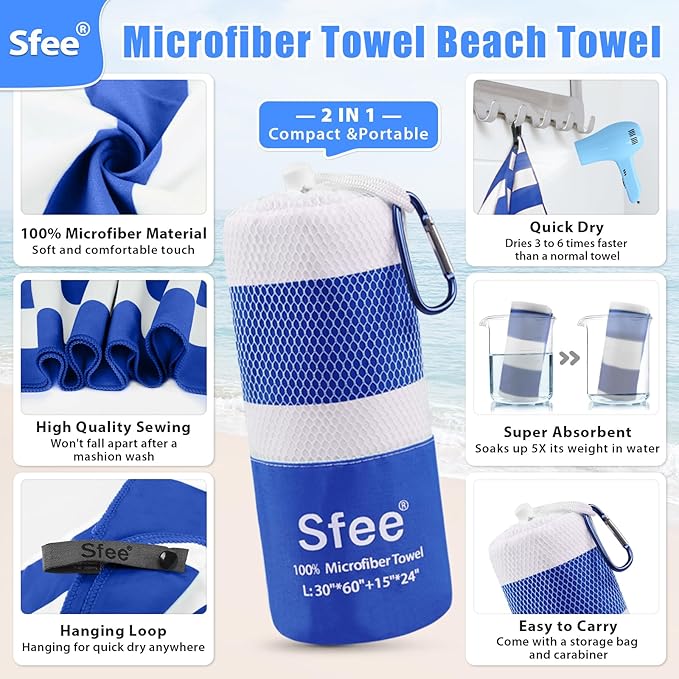 Sfee 2 in 1 Microfiber Beach Towel, Quick Dry Towel Camping Towel Travel Towel Super Absorbent Compact Lightweight Sports Towel Gym Towel Set for Beach, Gym, Hiking, Pool, Backpacking, Bath, Yoga