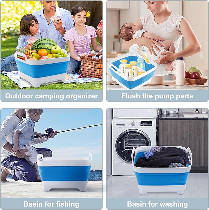 2.4 Gal(9L) Collapsible Dish Basin with Drain Plug, Space Saving Outdoor Multiuse Foldable Sink Tub, Dishpan, Kitchen Storage Tray for Camping, Vegetable Washing, RV (Sky Blue)