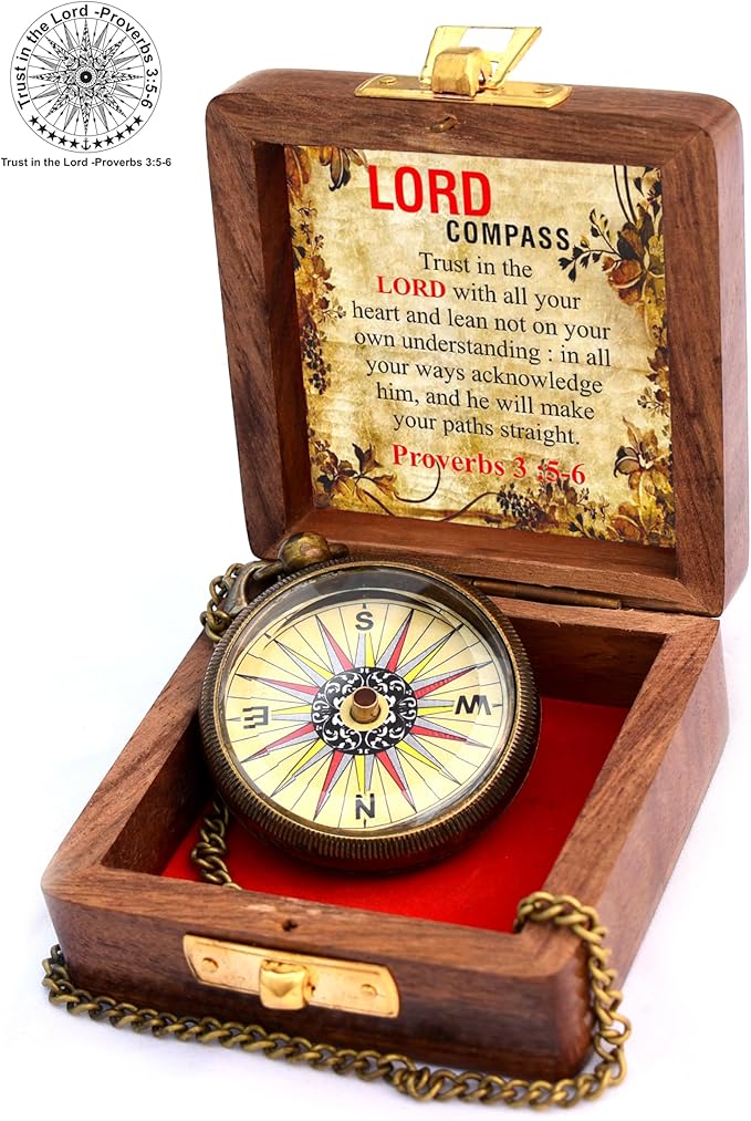 Trust in The Lord with All Your Heart -Proverbs 3: 5-6 Quote Engraved Compass with Wooden Box, Birthday, Baptism, Communion, Christmas, Graduation Day Gifts 2025 Compass for Women Mens Boy Girls