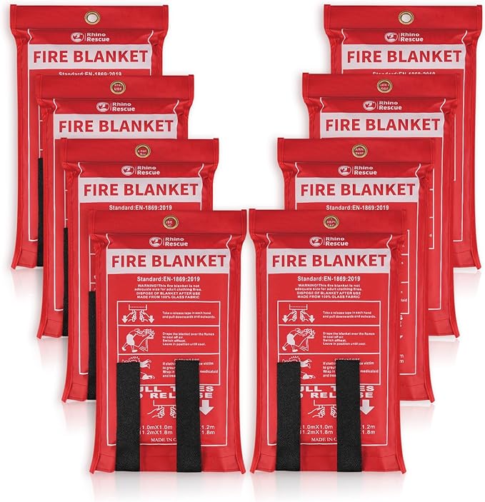 RHINO RESCUE Fire Blanket, 40''×40'' Fiberglass Emergency Fireproof Gear, Flame Retardant Protection for Home, Kitchen, Camping, Hiking, 8 Count