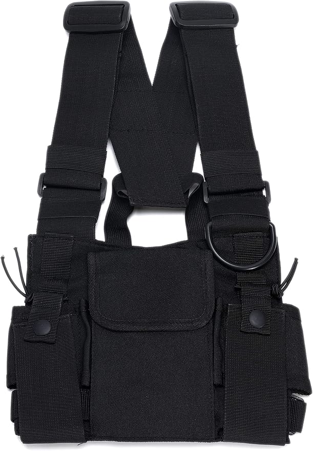 Radio Chest Harness Rig Holster Pack with Front Pouches and Zipper Bag for Universal Walkie Talkies